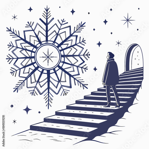 A lone figure ascends stairs toward a doorway framed by a large snowflake