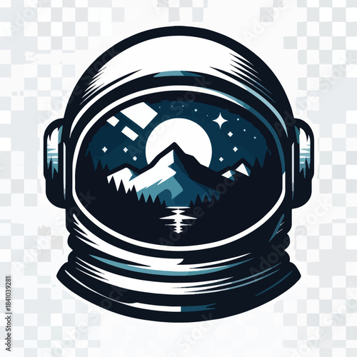 Astronaut helmet with mountain landscape and starry night sky reflection.