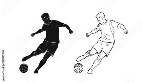 a contrasting depiction of a soccer player in action showing both a solid black silhouette and a white outline version alongside a soccer ball