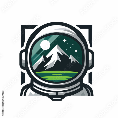 Astronaut helmet with mountain landscape reflection space exploration concept.