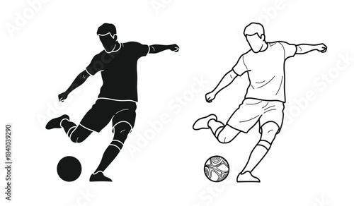 a black and white illustration depicting two male soccer players in action one filled and one outlined kicking a ball with dynamic poses high quality