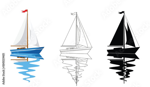 a visual representation showcases three distinct sailboat designs ranging from fully colored to monochrome illustrating variations in artistic style and presentation high quality professional detailed