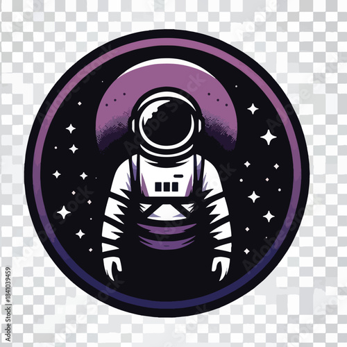 Astronaut in Space Emblem with Stars and Purple Moon.