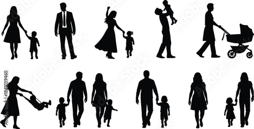 Diverse Poses Including Parents with Children, Walking, Playing, and Stroller for Parenthood, Lifestyle, Love, and Care Vector Illustrations