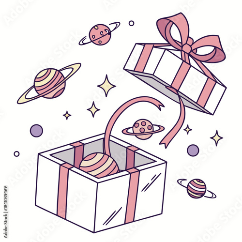 An open gift box releasing planets and stars a cosmic surprise