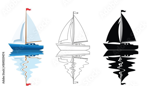 a visual depiction of a sailboat presented in three distinct styles color outline and silhouette emphasizing form and design variations high quality professional detailed modern