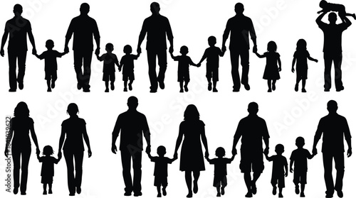 Diverse Poses Including Walking, Playing, Strolling, and Holding Baby for Family, Parenthood, Care, and Love Vector Illustrations