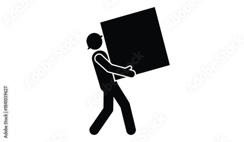 a simple black and white illustration depicts a person struggling to carry a large square heavy object above their head demonstrating physical exertion and effort