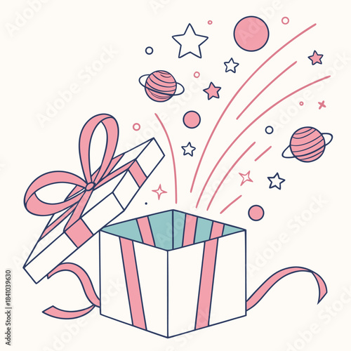 An open gift box with planets stars and a festive ribbon design