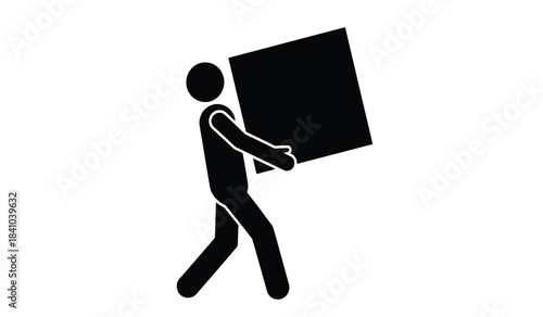 a simple black and white illustration depicts a stick figure actively carrying a large rectangular object suggesting concepts of work effort and transportation high quality