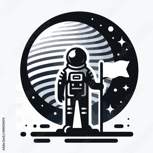 Astronaut standing on a celestial body holding a flag.