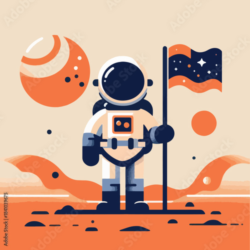 Astronaut standing on a planet holding a flag.