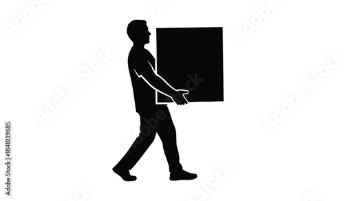 a simple black silhouette depicts a person carrying a large square box walking and seemingly focused on their task at hand framed in white