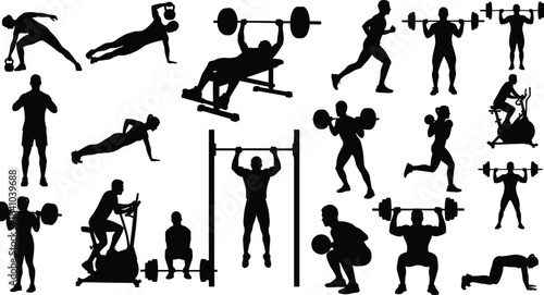 Diverse Vector Illustrations of Men and Women Performing Weightlifting, Cardio, and Bodyweight Exercises for Fitness and Health.