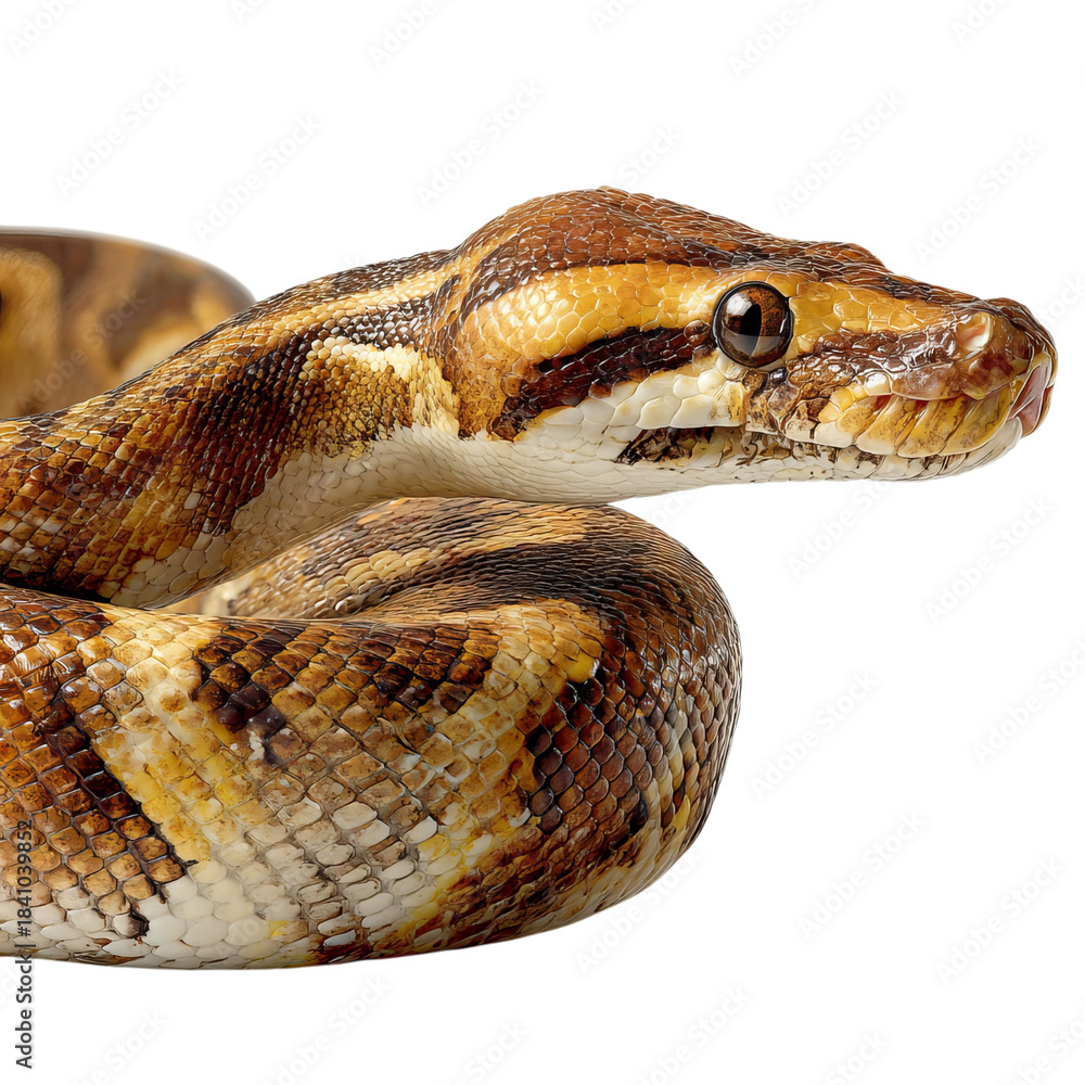 Fototapeta premium PNG of Close-up of a vibrant, multicolored snake showcasing intricate patterns and textures in a captivating pose.