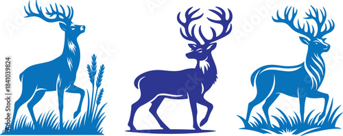Three blue deer illustrations with large antlers standing amongst tall grass