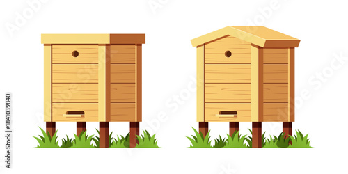 Wooden beehive structure with multiple stacked boxes  used in honey production vector isolated on white background.