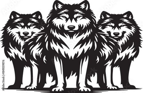 Three majestic wolves depicted in a striking black and white illustration