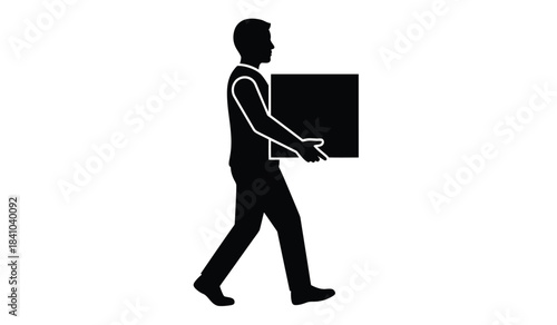 a simple black silhouette depicts a man in motion carrying a rectangular package or box suggesting themes of delivery moving or logistics high quality professional
