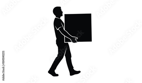 a simple black silhouette depicts a person walking while carrying a large rectangular box on their shoulder showcasing movement and load bearing high quality professional