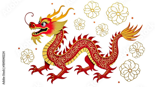 Vibrant Chinese dragon illustration with decorative flowers and a dynamic pose
