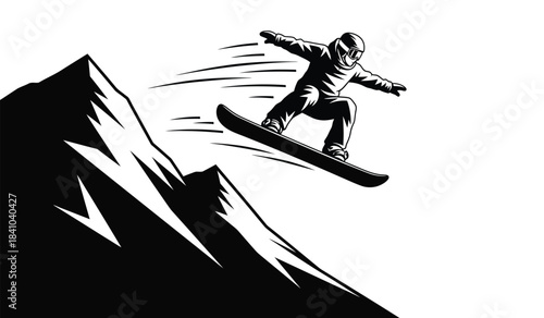 a dynamic black and white illustration depicts a snowboarder mid air performing a trick on a snowy mountain slope with speed lines enhancing the movement