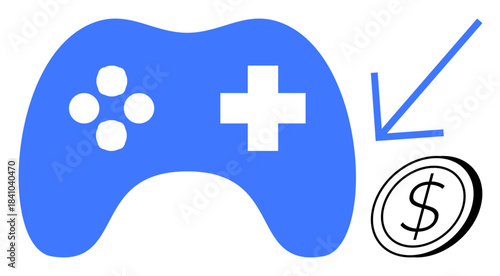 Gaming, esports, online purchases, digital economy, payment systems, entertainment. A blue game controller next to a dollar sign with an arrow pointing to it. Gaming and online purchases concept