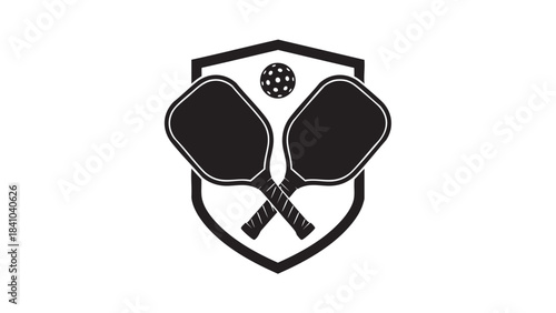 Black and white vector illustration of pickleball paddles crossed inside a shield with a wiffle ball symbol