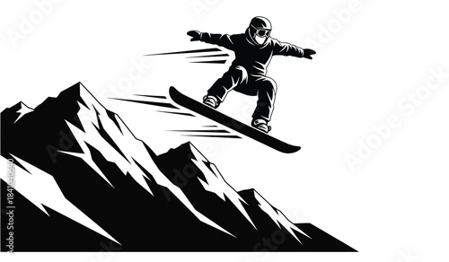 a dynamic black and white illustration depicts a snowboarder soaring through the air performing a trick above snow covered mountain peaks showcasing winter sports