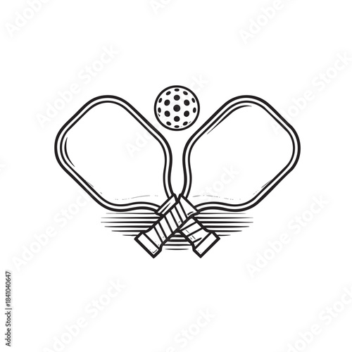 Classic pickleball paddles crossed with a pickleball in a vintage woodcut style vector illustration for sports enthusiasts