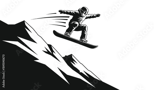 a stark black and white illustration depicts a snowboarder in mid air gracefully leaping from a snow covered mountain peak with dynamic motion lines