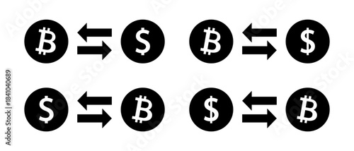 Bitcoin to dollar exchange rate icon. Cryptocurrency conversion and crypto transaction symbol
