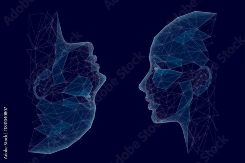 Abstract profile faces facing each other. AI assistant or artificial intelligence agent concept. Low-poly wireframe head of humanoid robot in futuristic technology style. Blue hi-tech background.