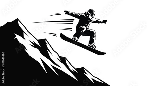 A dynamic illustration showcases a snowboarder mid air catching significant height off a steep mountain slope embodying speed and skillful winter sports action high quality