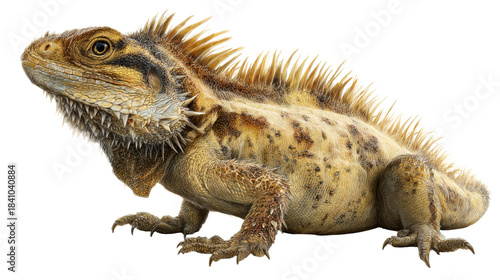 Detailed closeup of a spiky lizard with goldenbrown scales and a prominent crest, perfect for nature documentaries, wildlife websites, and educational materials.