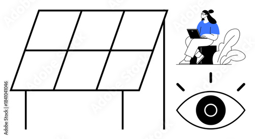 Renewable energy concept. Solar panel sustainability, with a person using a laptop for technology integration. Renewable energy supports innovation, sustainability, and environmental protection