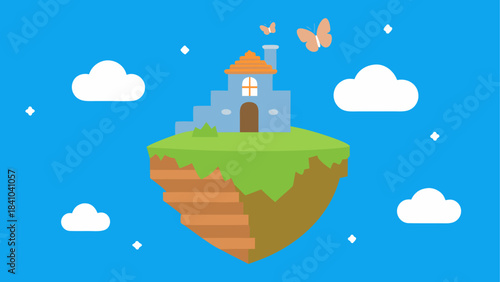 Floating island with a house and butterflies in the sky on transparent background