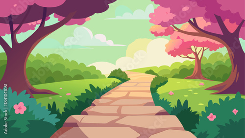 Cartoon landscape with stone path and pink trees view on transparent background