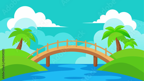 Illustration of bridge over water with palm trees and sky on transparent background