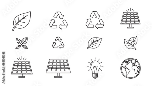 Ecofriendly line art icon set featuring environmental protection recycling solar energy and green plant leaves concept