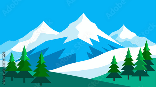 Illustration of mountains and trees in a landscape view on transparent background