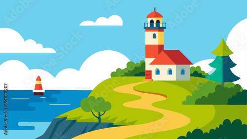 Illustration of a lighthouse on a hill by the ocean on transparent background