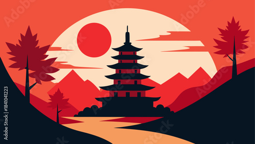 Illustration of a pagoda in a landscape at sunset time on transparent background