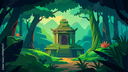 Temple structure in a green forest with mountain view on transparent background