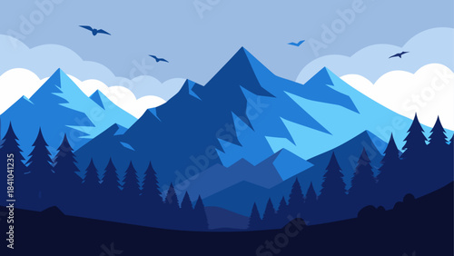 Illustration of blue mountains with trees and birds on transparent background
