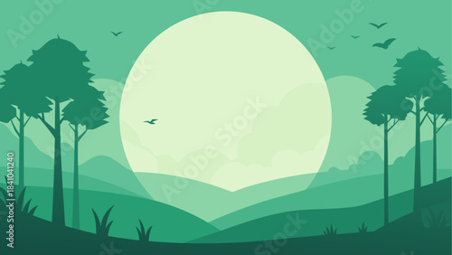 Scenic landscape with trees and birds against a big sun on transparent background