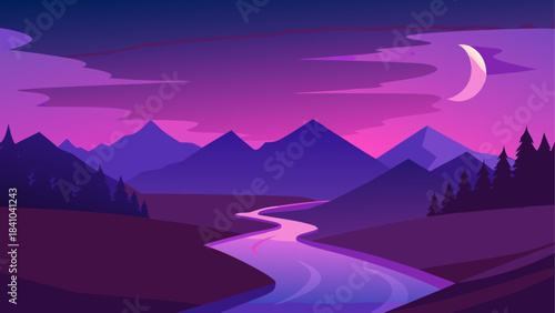 Night landscape with river mountains and crescent moon on transparent background
