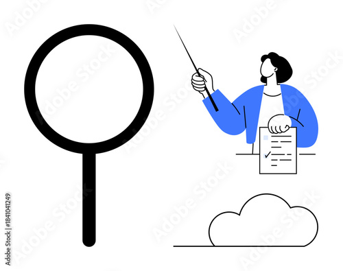 Man holding document, using pointer to explain concept. Magnifying glass symbolizes research, cloud for accessibility. Ideal for analysis, research, education, productivity, technology presentation