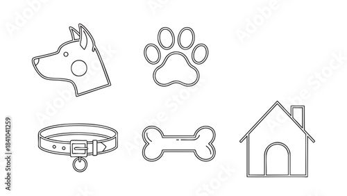 Minimalist black and white line art pet care essentials vector icon collection for animal lovers and graphic design
