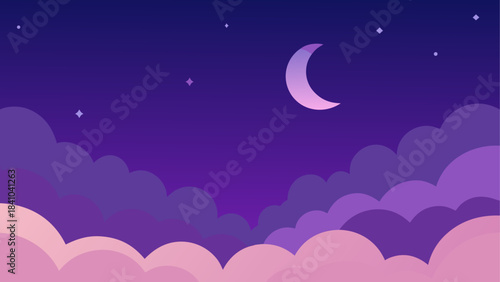 Illustration of a crescent moon above pink clouds at night on transparent background